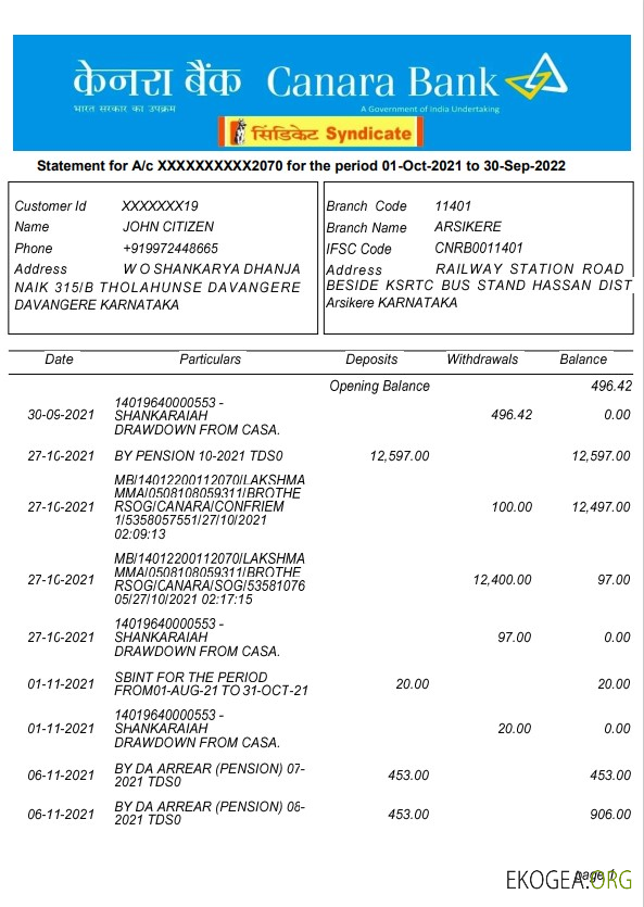 Modèle de relevé bancaire India Canara, format Word et PDF, 5 pages, version 2